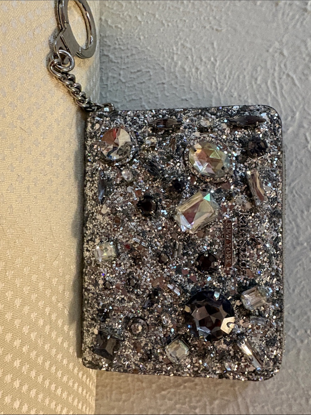 Kate Spade Embellished Rhinestone Glitter Wallet Keychain - Silver